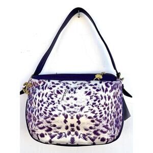 NWT JUST CAVALLI Purple Leopard Shoulder Bag Y2K Gold JC Logo Charm Leather Trim